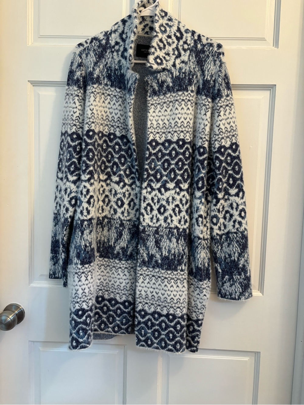 Liverpool Women’s Navy and White Patterned Open-Front Cardigan